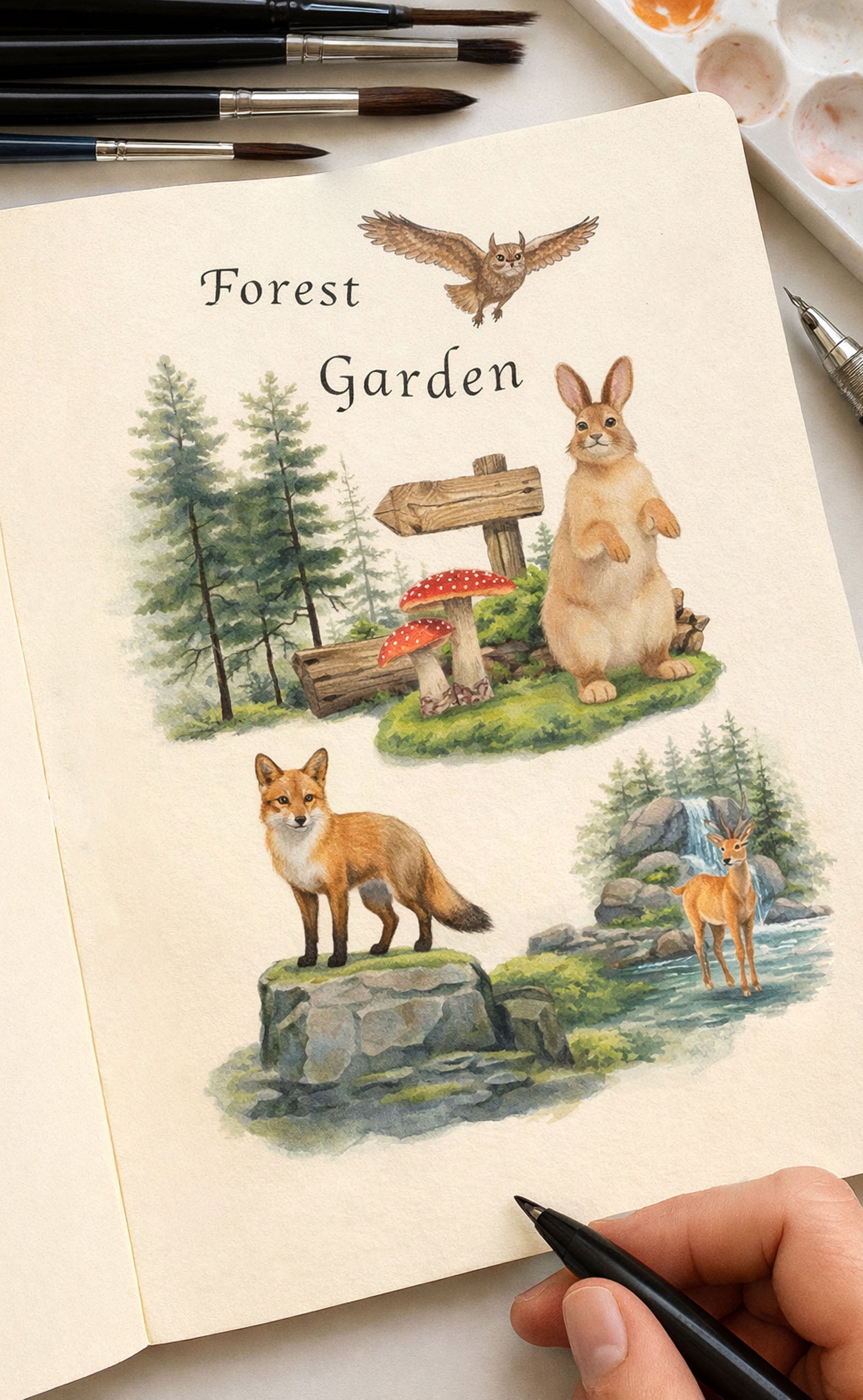 Forest Garden-Themed Watercolor Coloring Paper