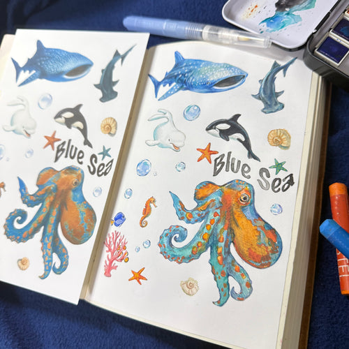 Blue Sea-Themed Watercolor Coloring Paper